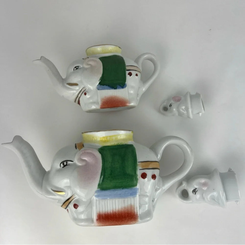 Vintage Pier 1 Set Of 2 Elephant Teapot & Creamer W/ Lids Porcelain Painted